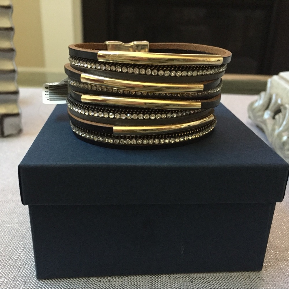 Black, Gold, Rhinestone Multi-Layer Bracelet $25